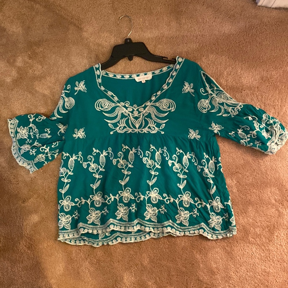 Turquoise/white floral embroidery blouse